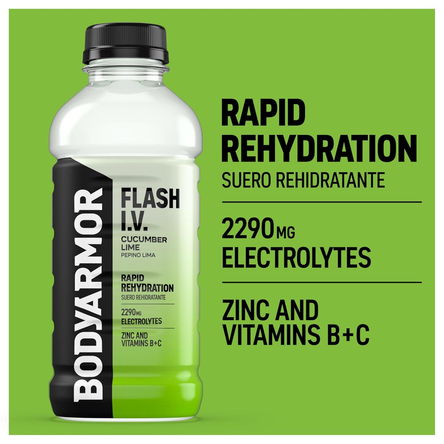 imageBODYARMOR Flash IV Electrolyte Beverage Cucumber Lime Hydration Drink with Coconut Water For Rapid Rehydration Post Workout Recovery 20 Fl Oz Pack of 12