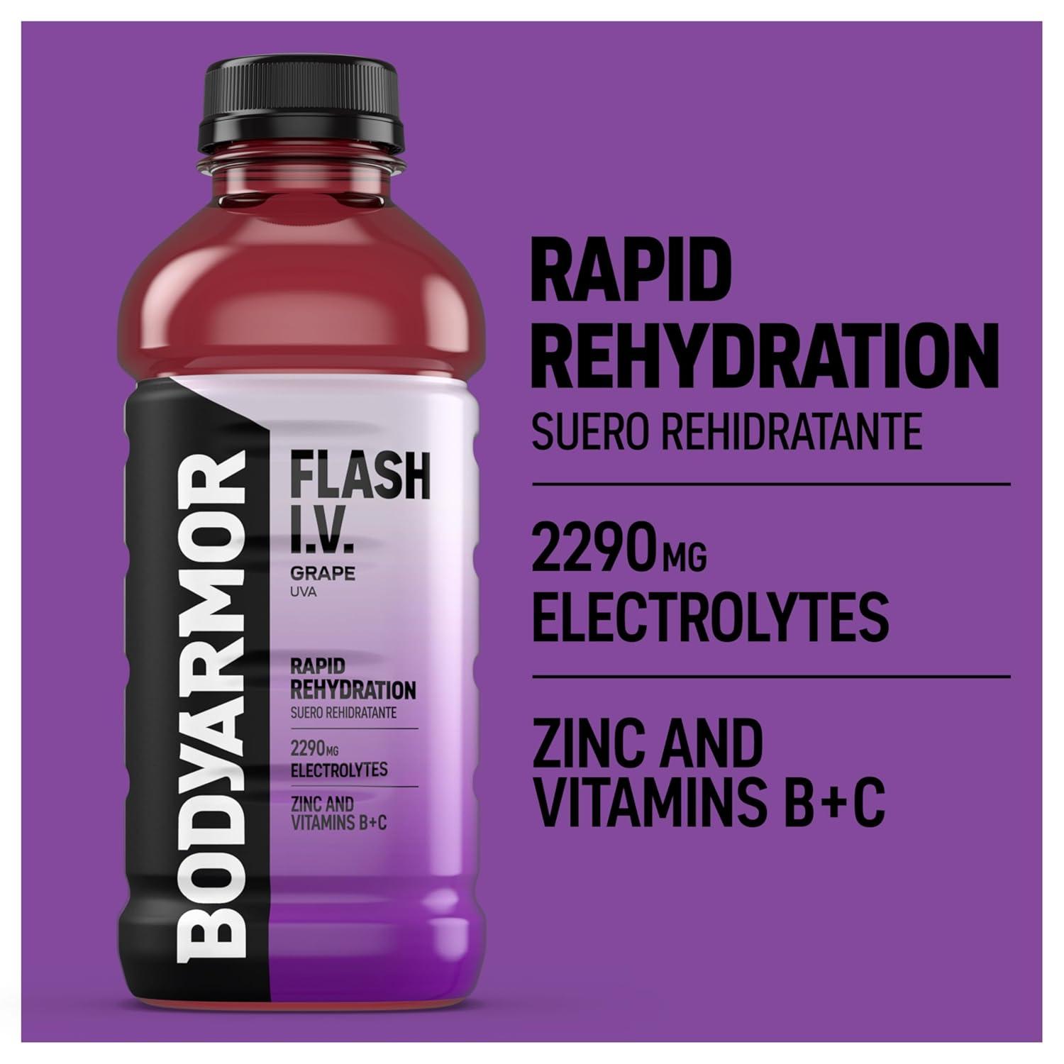 imageBODYARMOR Flash IV Electrolyte Beverage Grape Hydration Drink with Coconut Water For Rapid Rehydration Post Workout Recovery 20 Fl Oz Pack of 12