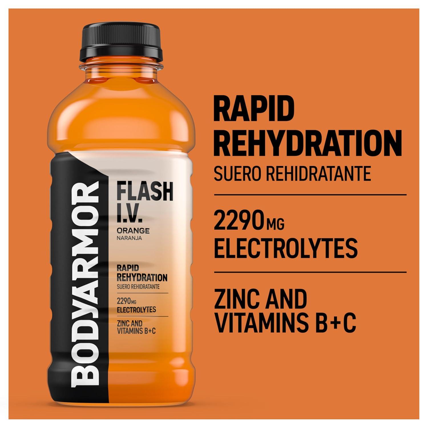 imageBODYARMOR Flash IV Electrolyte Beverage Orange Hydration Drink with Coconut Water For Rapid Rehydration Post Workout Recovery 20 Fl Oz Pack of 12