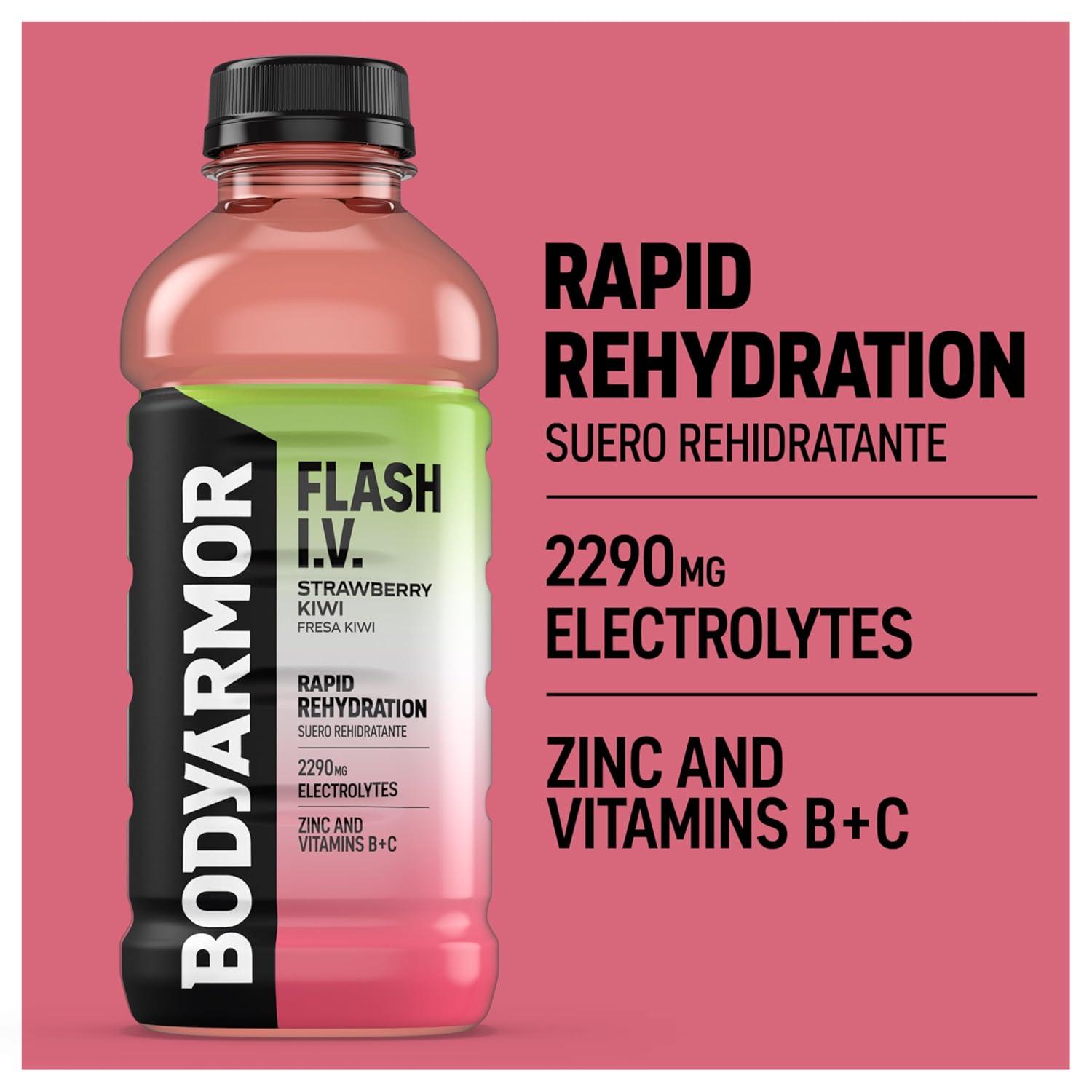 imageBODYARMOR Flash IV Electrolyte Beverage Strawberry Kiwi Hydration Drink with Coconut Water For Rapid Rehydration Post Workout Recovery 20 Fl Oz Pack of 12