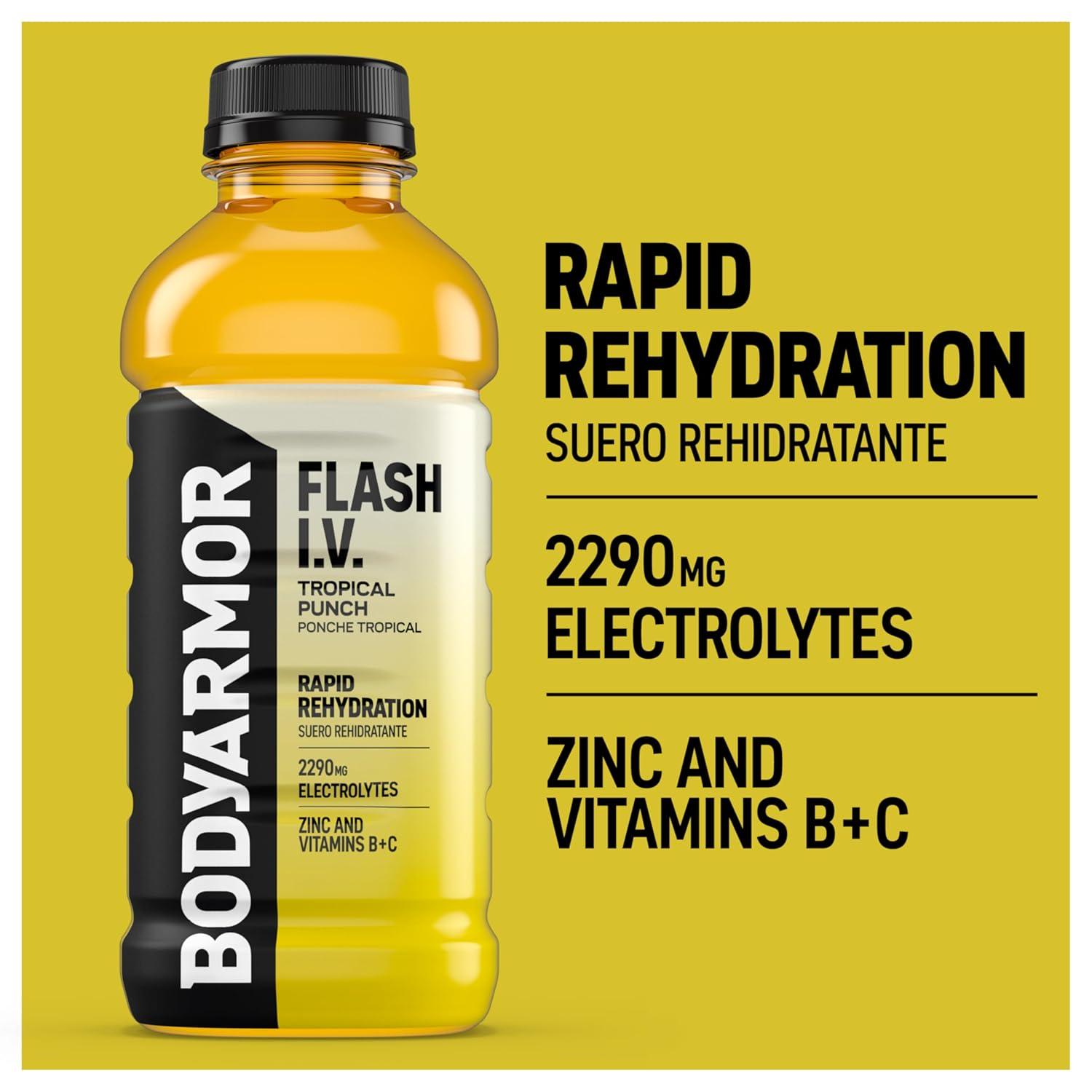 imageBODYARMOR Flash IV Electrolyte Beverage Tropical Punch Hydration Drink with Coconut Water For Rapid Rehydration Post Workout Recovery 20 Fl Oz Pack of 12
