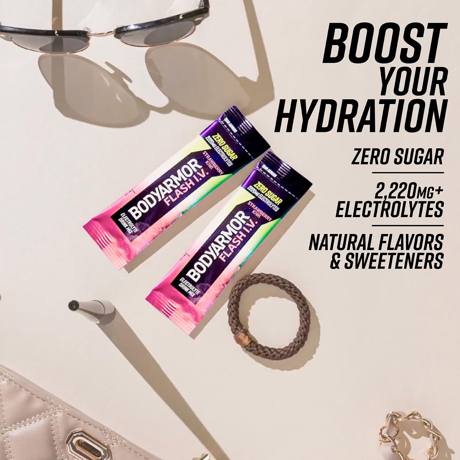 imageBODYARMOR Flash IV Electrolyte Packets Strawberry Kiwi Zero Sugar Drink Mix Single Serve Packs Coconut Water Powder 6 Count