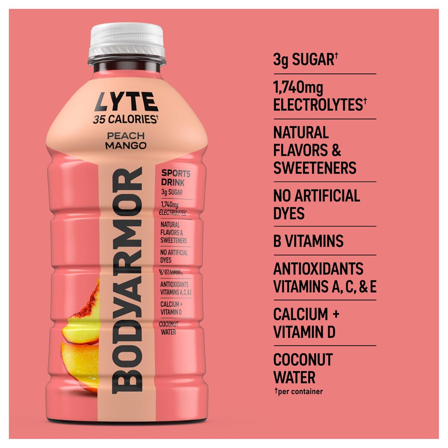 imageBODYARMOR LYTE Peach Mango Electrolyte Drink 35 Calories 28 Fl Oz Bottles 15 Pack Coconut Water Sports Drink Natural Flavor amp B VitaminsPeach Mango
