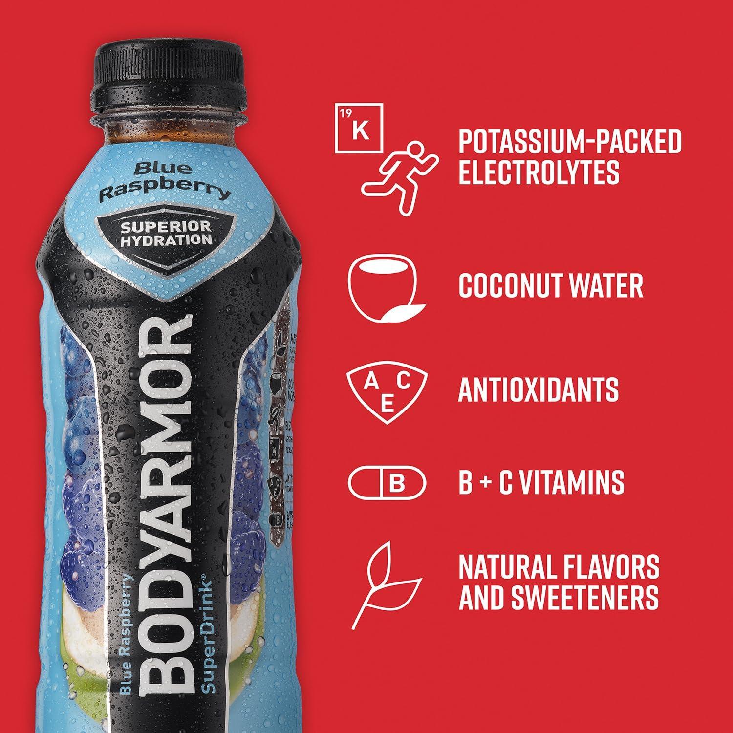 imageBODYARMOR Sports Drink Sports Beverage Blue Raspberry Coconut Water Hydration Natural Flavors With Vitamins PotassiumPacked Electrolytes Perfect For Athletes 16 Fl Oz Pack of 12