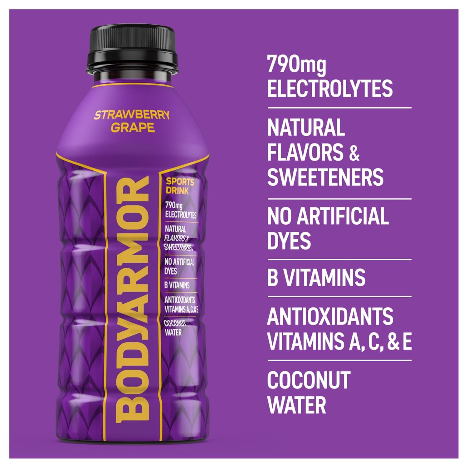 imageBODYARMOR Sports Drink Strawberry Grape Electrolyte Drink Hydration 16 Fl Oz Bottles 12 Pack Flavored Coconut Water with B Vitamins amp Antioxidants