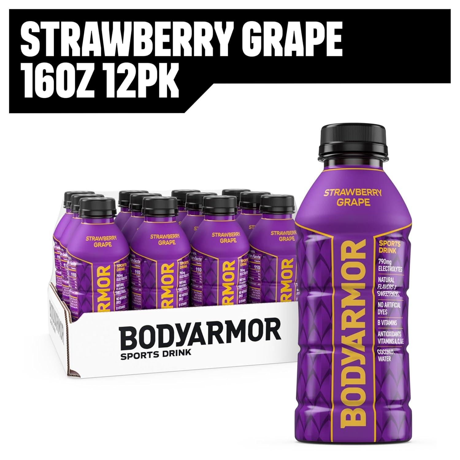 imageBODYARMOR Sports Drink Strawberry Grape Electrolyte Drink Hydration 16 Fl Oz Bottles 12 Pack Flavored Coconut Water with B Vitamins amp Antioxidants