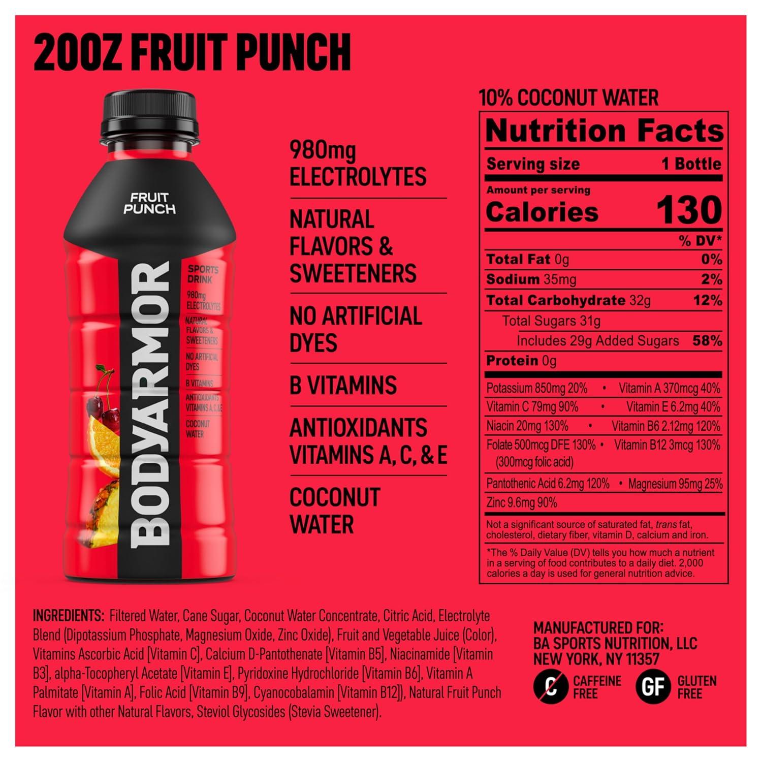 imageBODYARMOR Sports Drink Tropical Punch Electrolyte Drink Hydration 12 Fl Oz Bottles 8 Pack Flavored Coconut Water with B Vitamins amp AntioxidantsFruit Punch