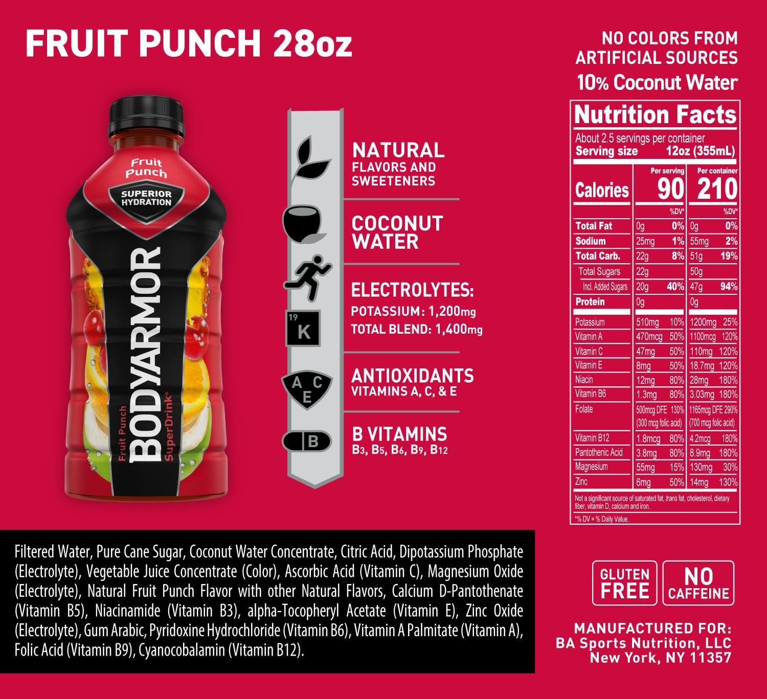imageBODYARMOR Sports Drink Tropical Punch Electrolyte Drink Hydration 12 Fl Oz Bottles 8 Pack Flavored Coconut Water with B Vitamins amp AntioxidantsFruit Punch
