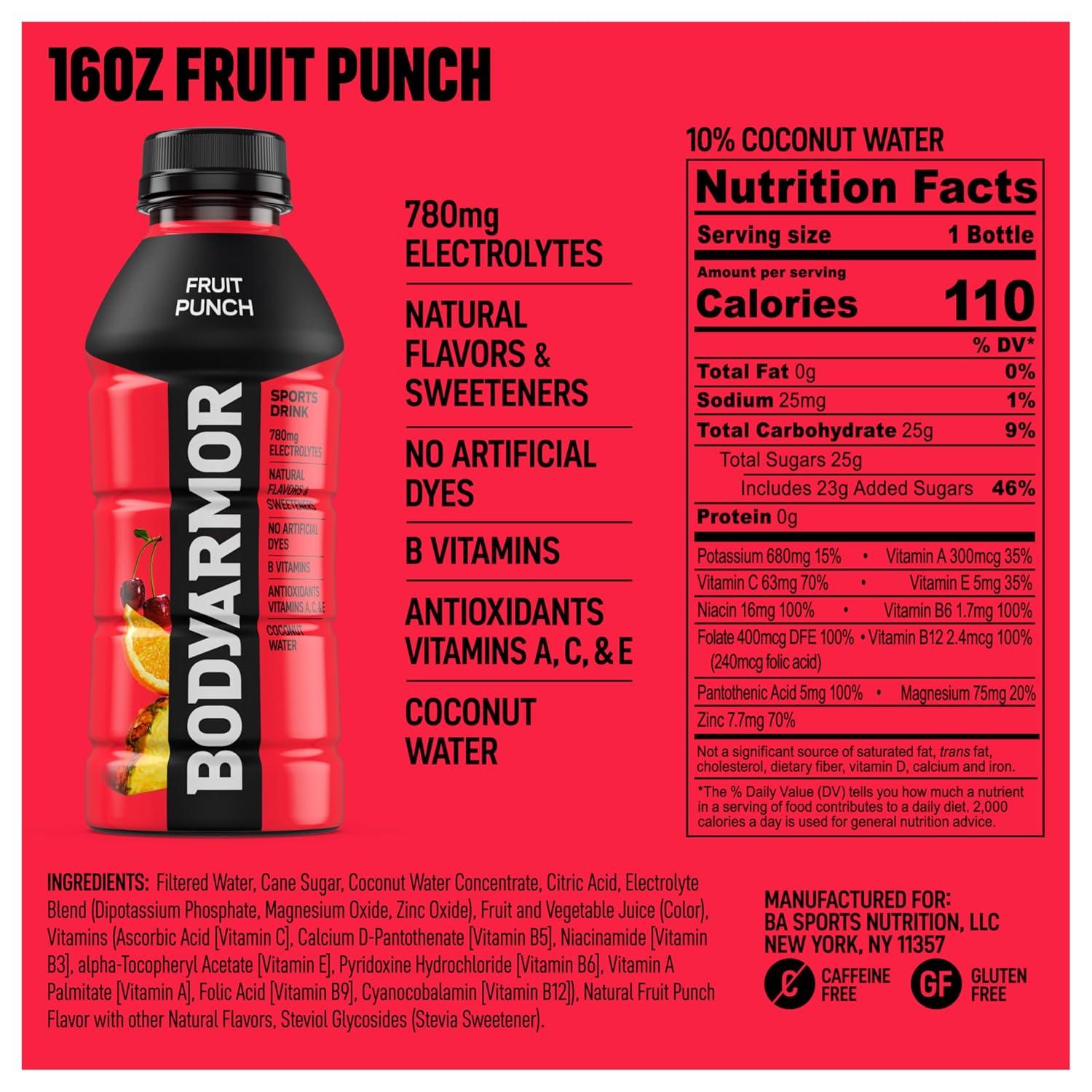 imageBODYARMOR Sports Drink Tropical Punch Electrolyte Drink Hydration 12 Fl Oz Bottles 8 Pack Flavored Coconut Water with B Vitamins amp AntioxidantsFruit Punch