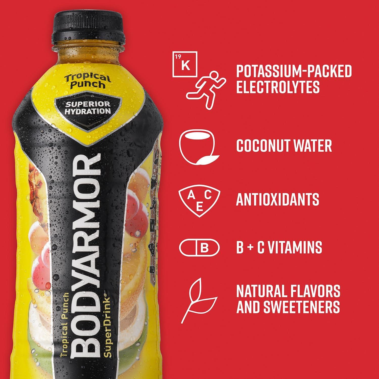 imageBODYARMOR Sports Drink Tropical Punch Electrolyte Drink Hydration 12 Fl Oz Bottles 8 Pack Flavored Coconut Water with B Vitamins amp AntioxidantsTropical Punch