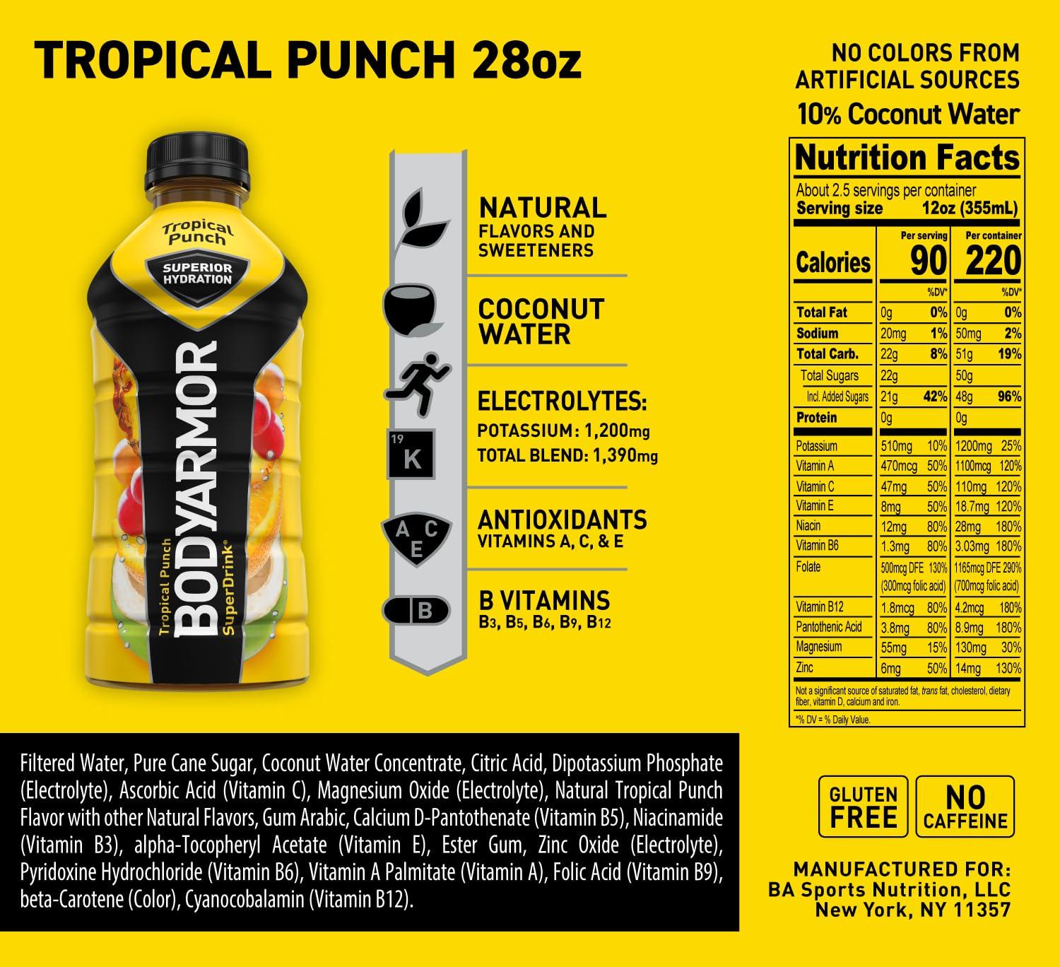 imageBODYARMOR Sports Drink Tropical Punch Electrolyte Drink Hydration 12 Fl Oz Bottles 8 Pack Flavored Coconut Water with B Vitamins amp AntioxidantsTropical Punch