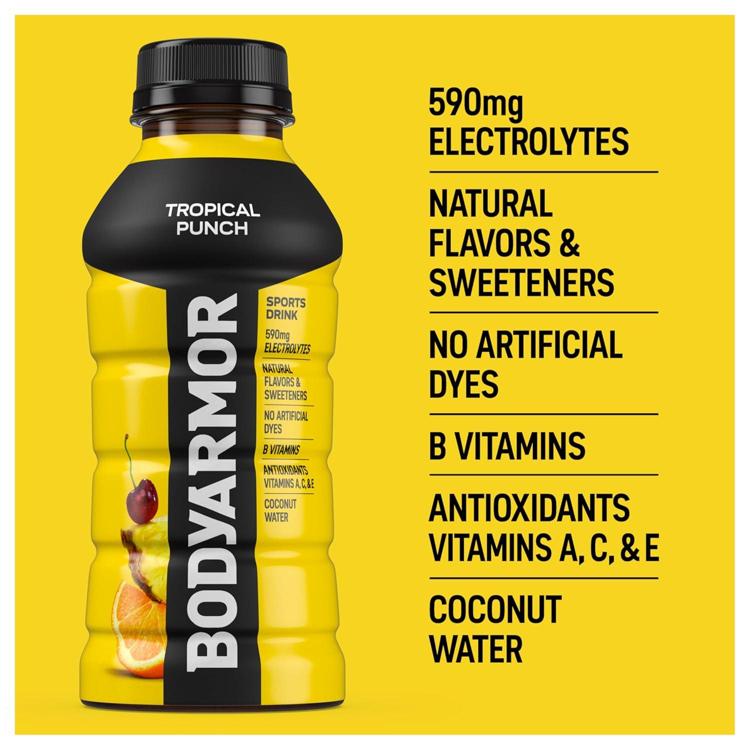 imageBODYARMOR Sports Drink Tropical Punch Electrolyte Drink Hydration 12 Fl Oz Bottles 8 Pack Flavored Coconut Water with B Vitamins amp AntioxidantsTropical Punch