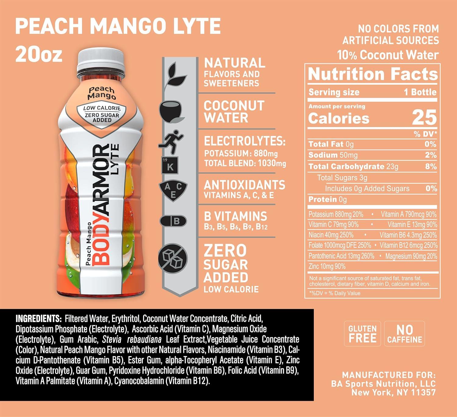 imageBODYARMOR ZERO Sugar Fruit Punch Electrolyte Drink Natural Flavors 20 Fl Oz Bottles 6 Pack B Vitamins amp Antioxidants Sugar Free HydrationLyte Peach Mango