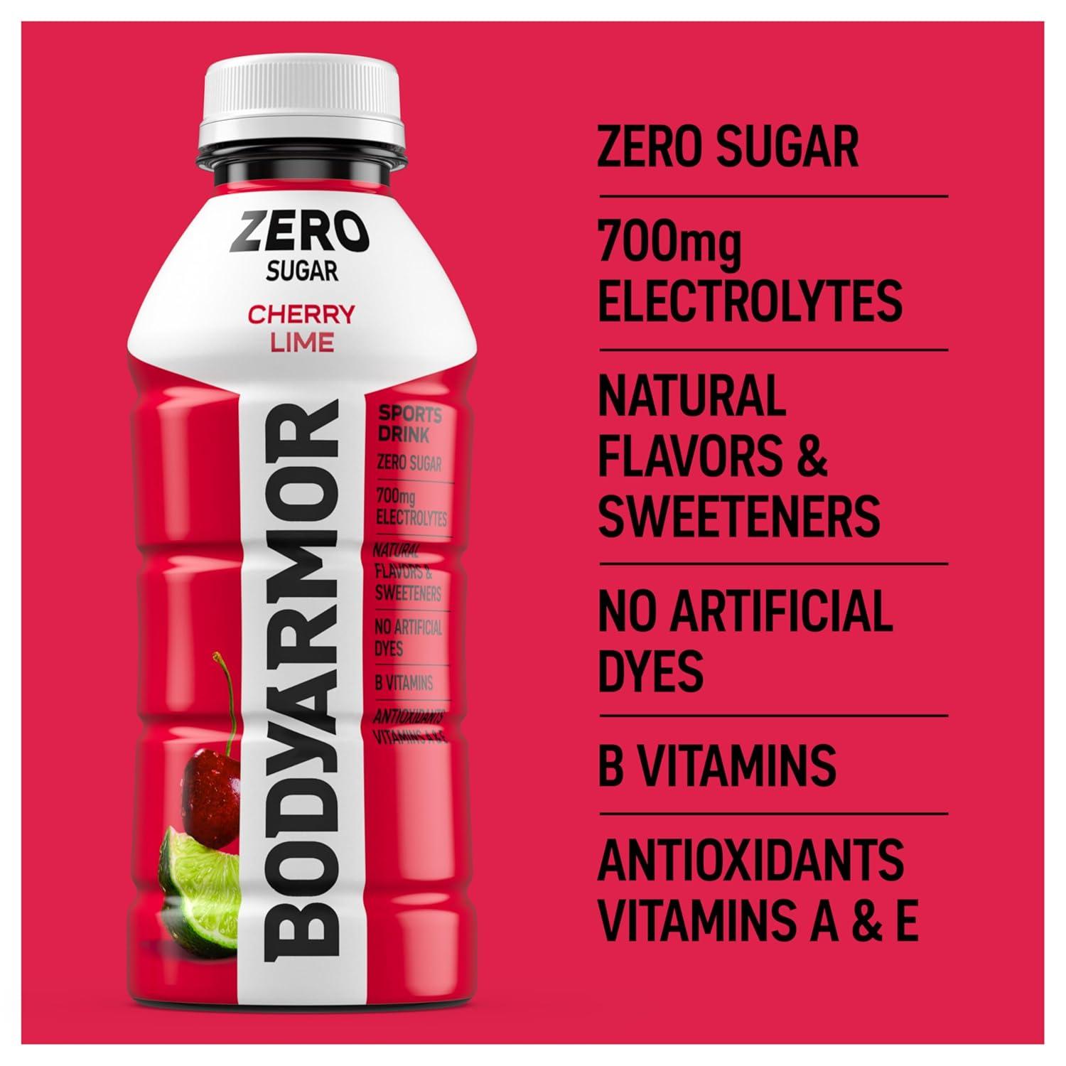 imageBODYARMOR ZERO Sugar Fruit Punch Electrolyte Drink Natural Flavors 20 Fl Oz Bottles 6 Pack B Vitamins amp Antioxidants Sugar Free HydrationZero Cherry Lime