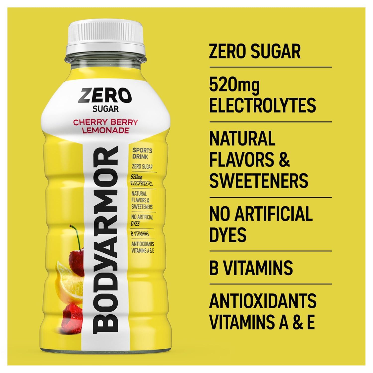 imageBODYARMOR ZERO Sugar Fruit Punch Electrolyte Drink Natural Flavors 20 Fl Oz Bottles 6 Pack B Vitamins amp Antioxidants Sugar Free HydrationZero Cherry Berry Lemonade