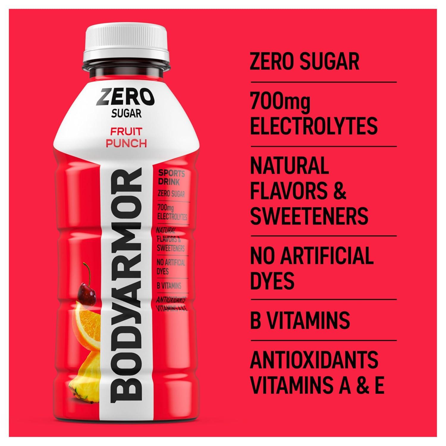 imageBODYARMOR ZERO Sugar Fruit Punch Electrolyte Drink Natural Flavors 20 Fl Oz Bottles 6 Pack B Vitamins amp Antioxidants Sugar Free HydrationZero Fruit Punch