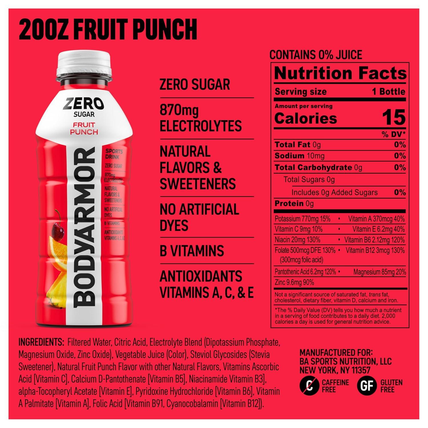 imageBODYARMOR ZERO Sugar Fruit Punch Electrolyte Drink Natural Flavors 20 Fl Oz Bottles 6 Pack B Vitamins amp Antioxidants Sugar Free HydrationZero Fruit Punch