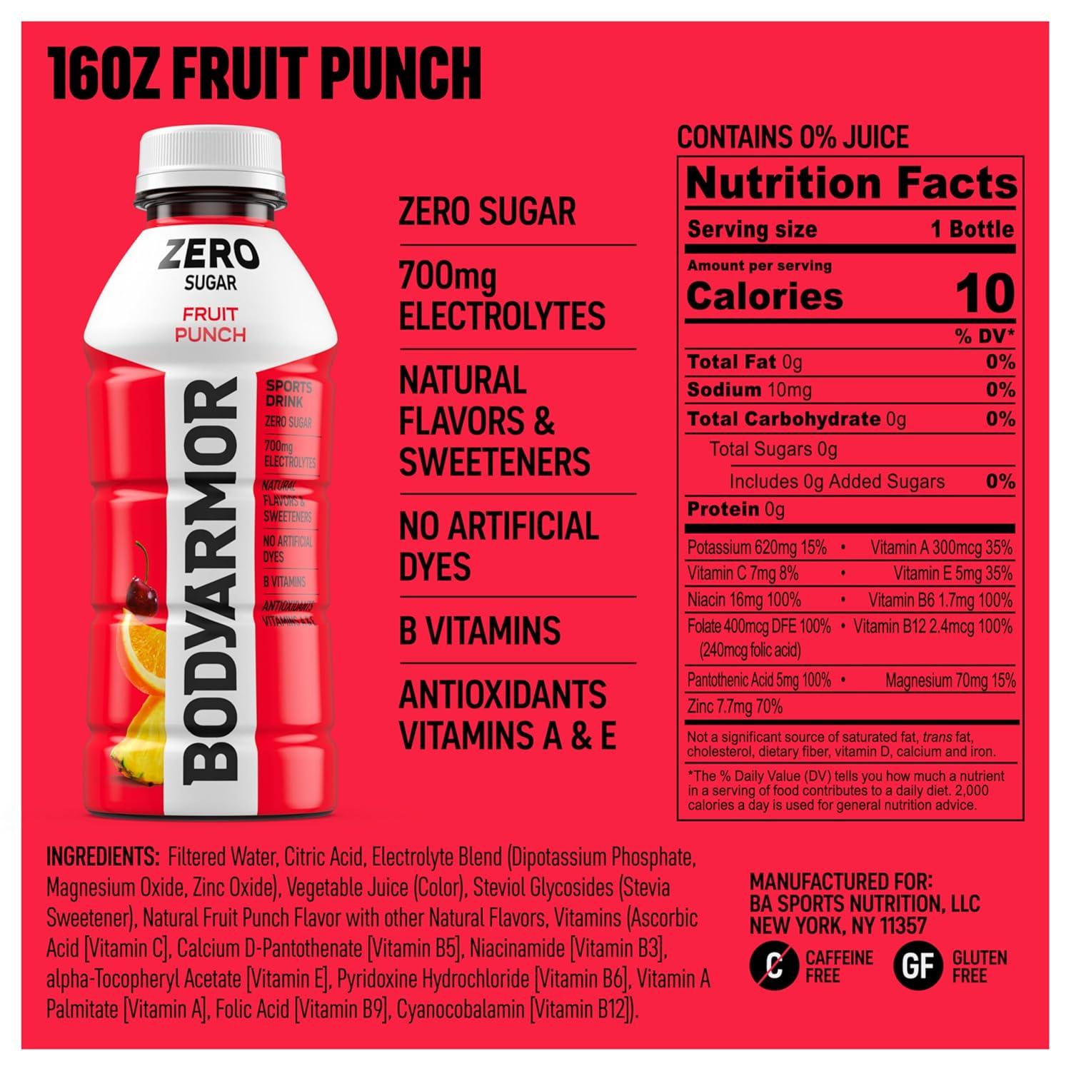 imageBODYARMOR ZERO Sugar Fruit Punch Electrolyte Drink Natural Flavors 20 Fl Oz Bottles 6 Pack B Vitamins amp Antioxidants Sugar Free HydrationZero Fruit Punch
