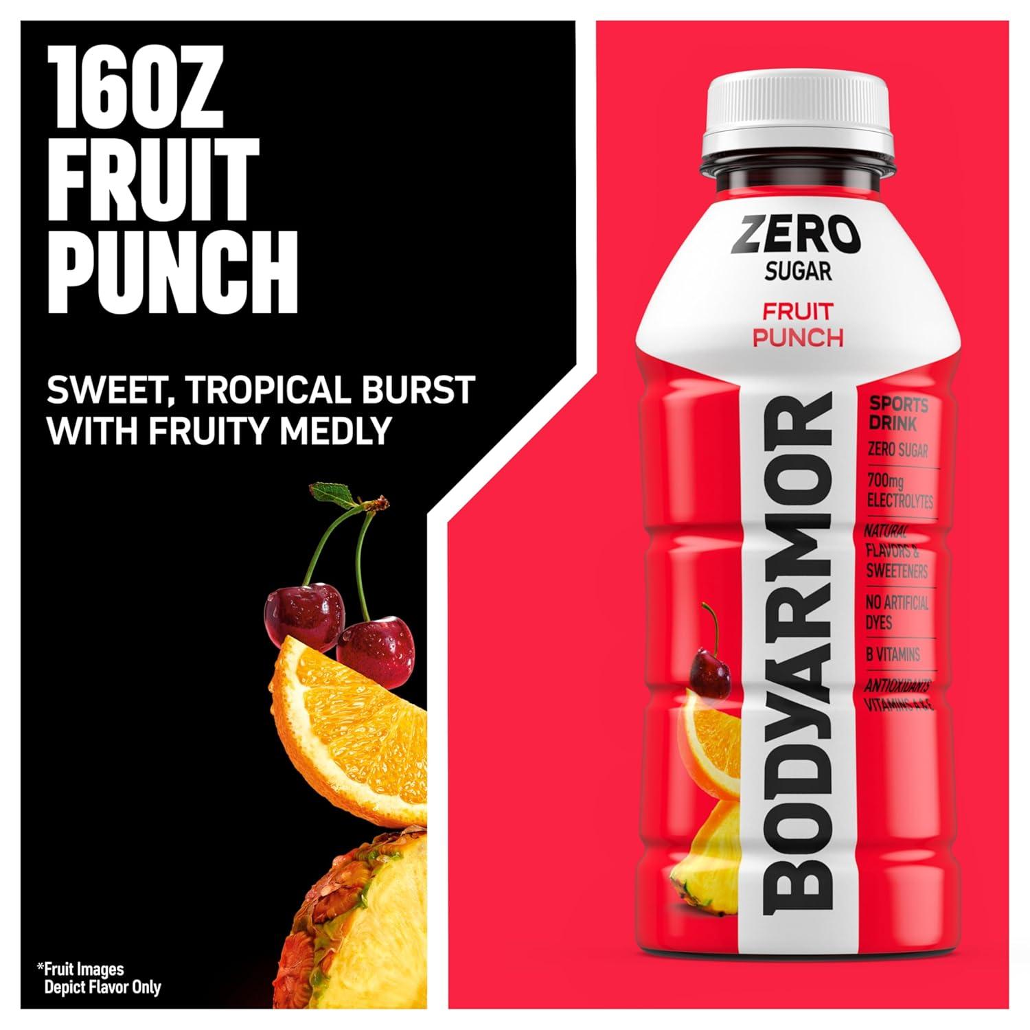 imageBODYARMOR ZERO Sugar Fruit Punch Electrolyte Drink Natural Flavors 20 Fl Oz Bottles 6 Pack B Vitamins amp Antioxidants Sugar Free HydrationZero Fruit Punch