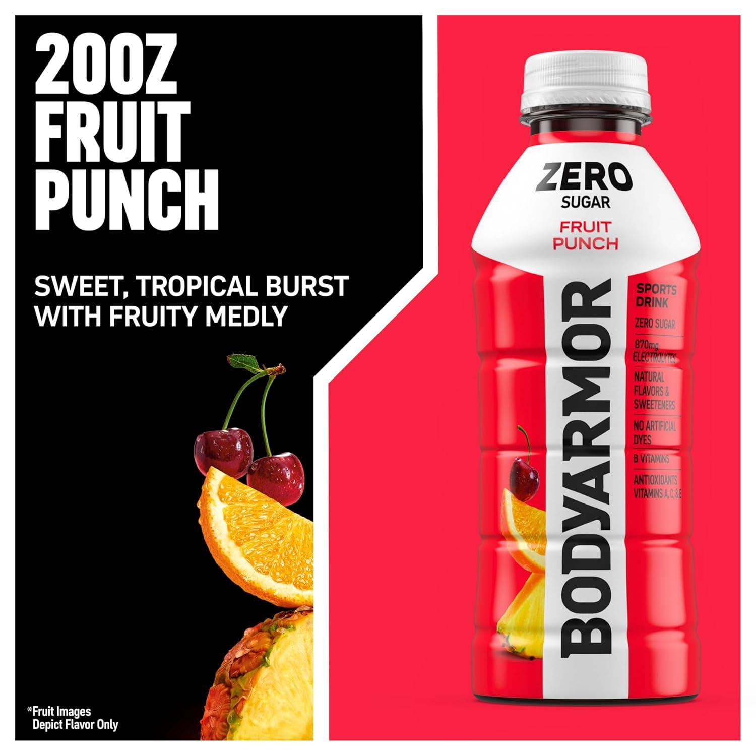 imageBODYARMOR ZERO Sugar Fruit Punch Electrolyte Drink Natural Flavors 20 Fl Oz Bottles 6 Pack B Vitamins amp Antioxidants Sugar Free HydrationZero Fruit Punch