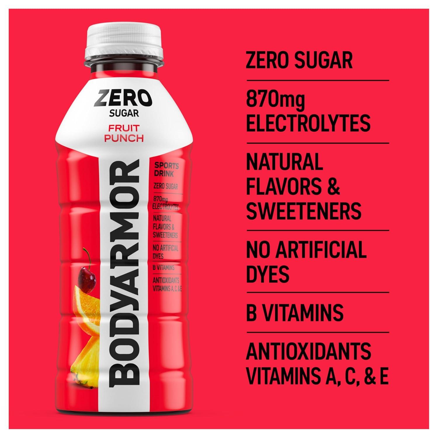 imageBODYARMOR ZERO Sugar Fruit Punch Electrolyte Drink Natural Flavors 20 Fl Oz Bottles 6 Pack B Vitamins amp Antioxidants Sugar Free HydrationZero Fruit Punch