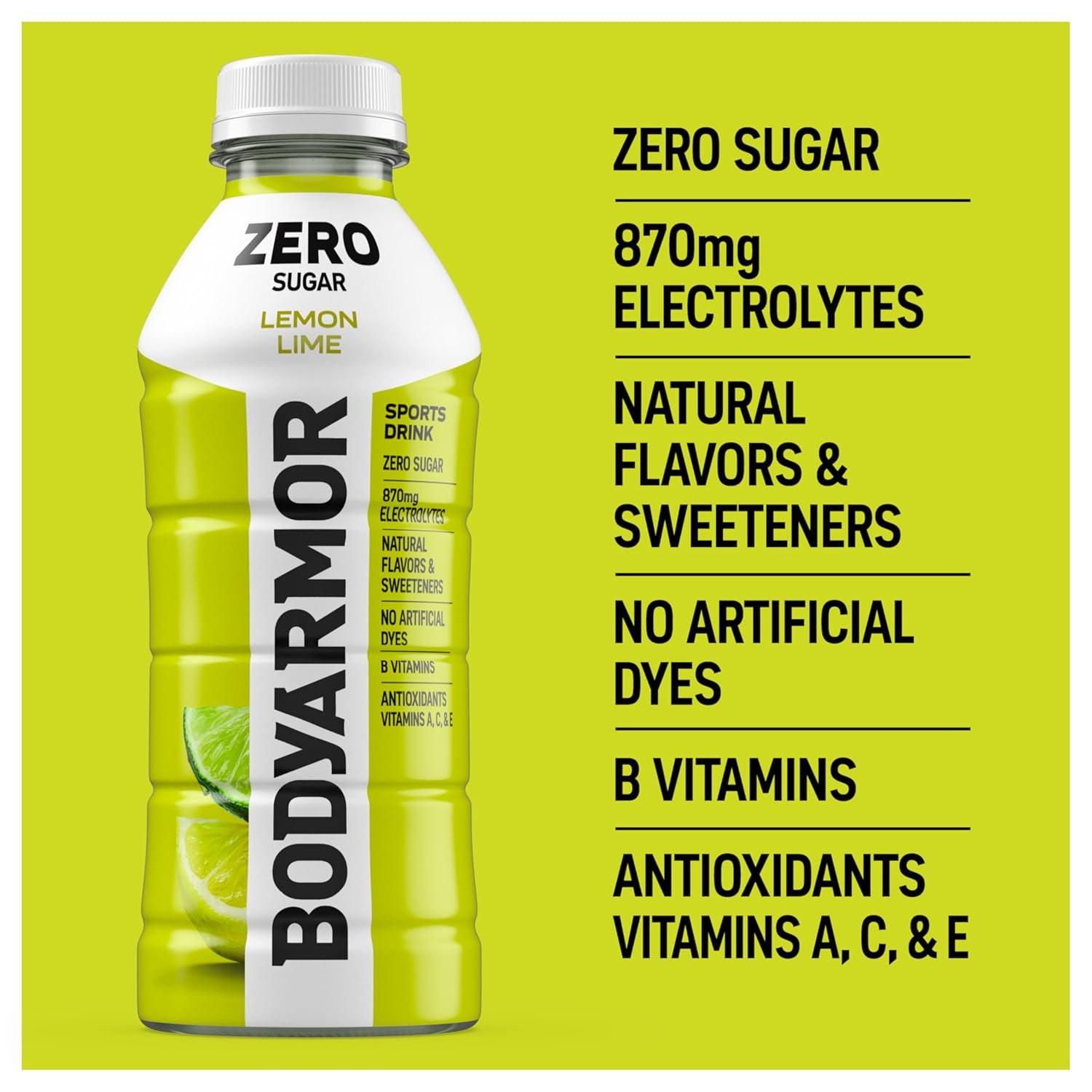 imageBODYARMOR ZERO Sugar Fruit Punch Electrolyte Drink Natural Flavors 20 Fl Oz Bottles 6 Pack B Vitamins amp Antioxidants Sugar Free HydrationZero Lemon Lime