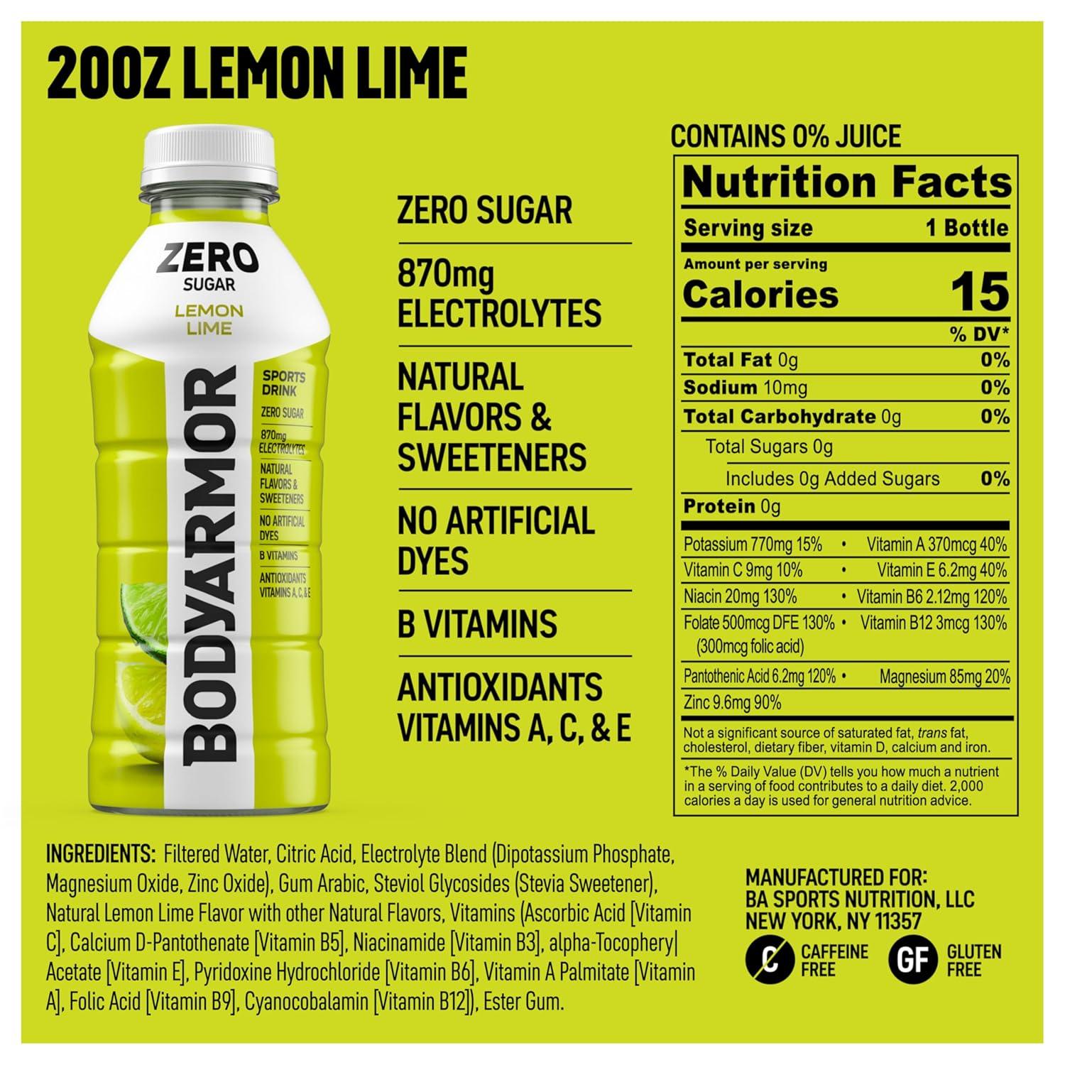imageBODYARMOR ZERO Sugar Fruit Punch Electrolyte Drink Natural Flavors 20 Fl Oz Bottles 6 Pack B Vitamins amp Antioxidants Sugar Free HydrationZero Lemon Lime