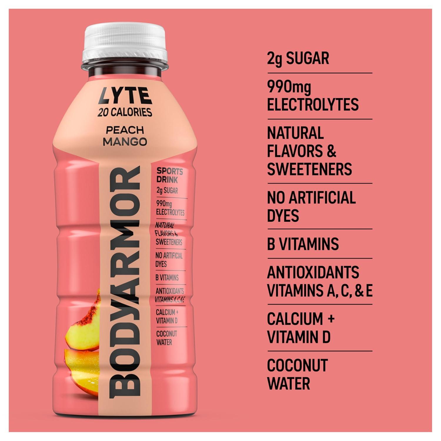 imageBODYARMOR ZERO Sugar Watermelon Strawberry Electrolyte Drink Natural Flavors 16 Fl Oz Bottles 12 Pack B Vitamins amp Antioxidants Sugar Free HydrationLyte Peach Mango