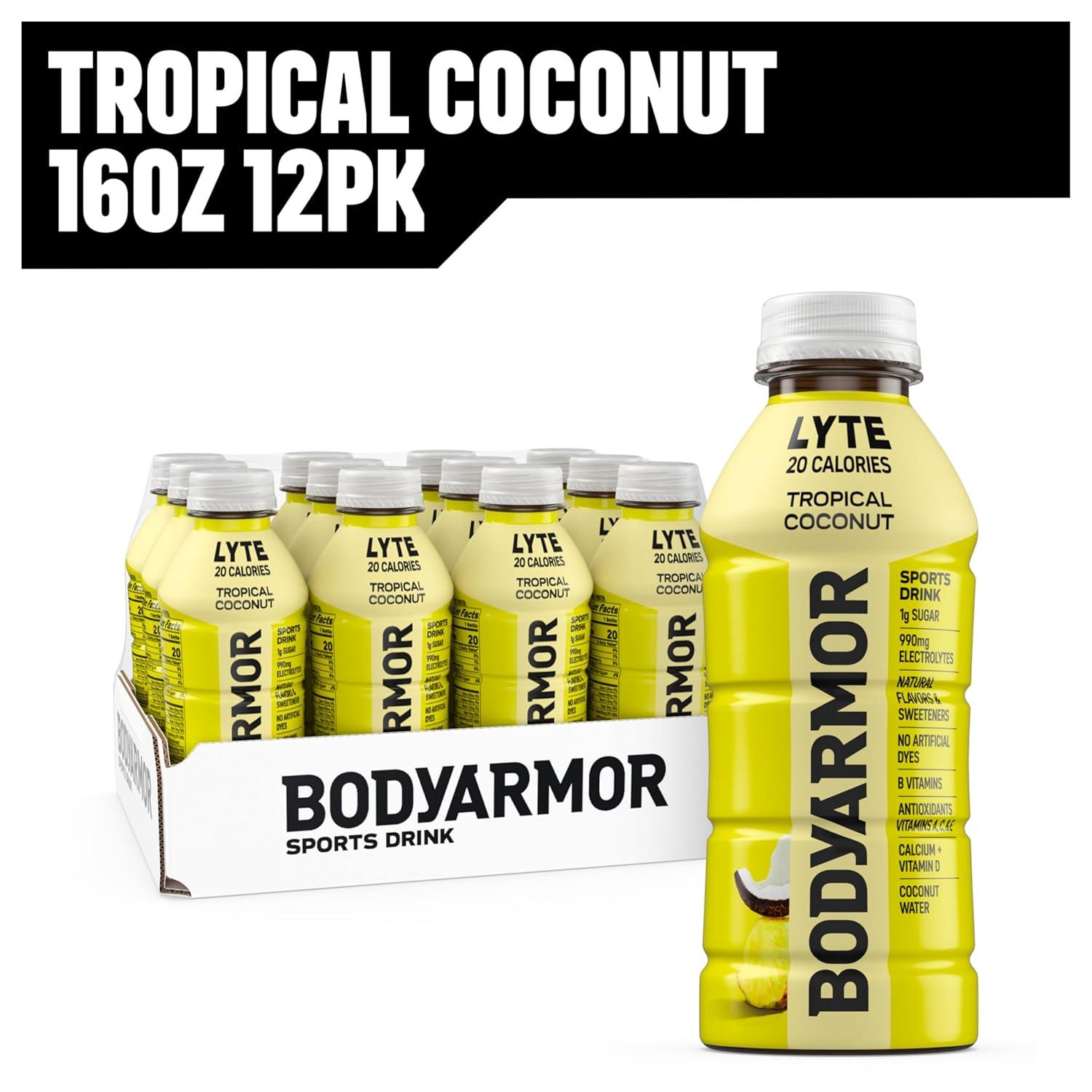 imageBODYARMOR ZERO Sugar Watermelon Strawberry Electrolyte Drink Natural Flavors 16 Fl Oz Bottles 12 Pack B Vitamins amp Antioxidants Sugar Free HydrationLyte Tropical Coconut