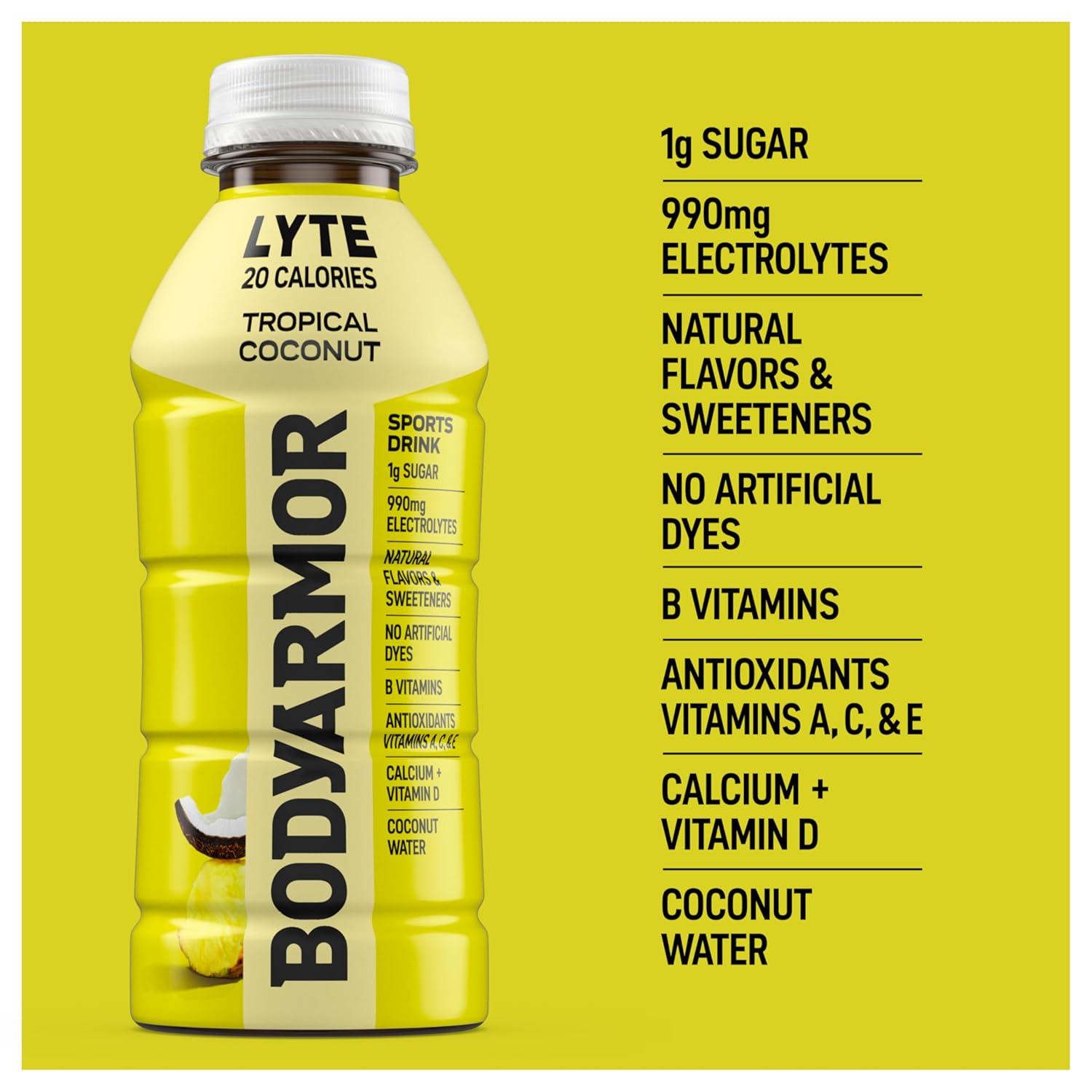 imageBODYARMOR ZERO Sugar Watermelon Strawberry Electrolyte Drink Natural Flavors 16 Fl Oz Bottles 12 Pack B Vitamins amp Antioxidants Sugar Free HydrationLyte Tropical Coconut