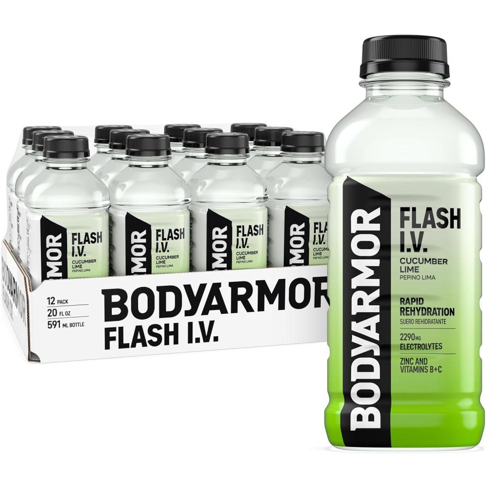 imageBODYARMOR Flash IV Electrolyte Beverage Cucumber Lime Hydration Drink with Coconut Water For Rapid Rehydration Post Workout Recovery 20 Fl Oz Pack of 12