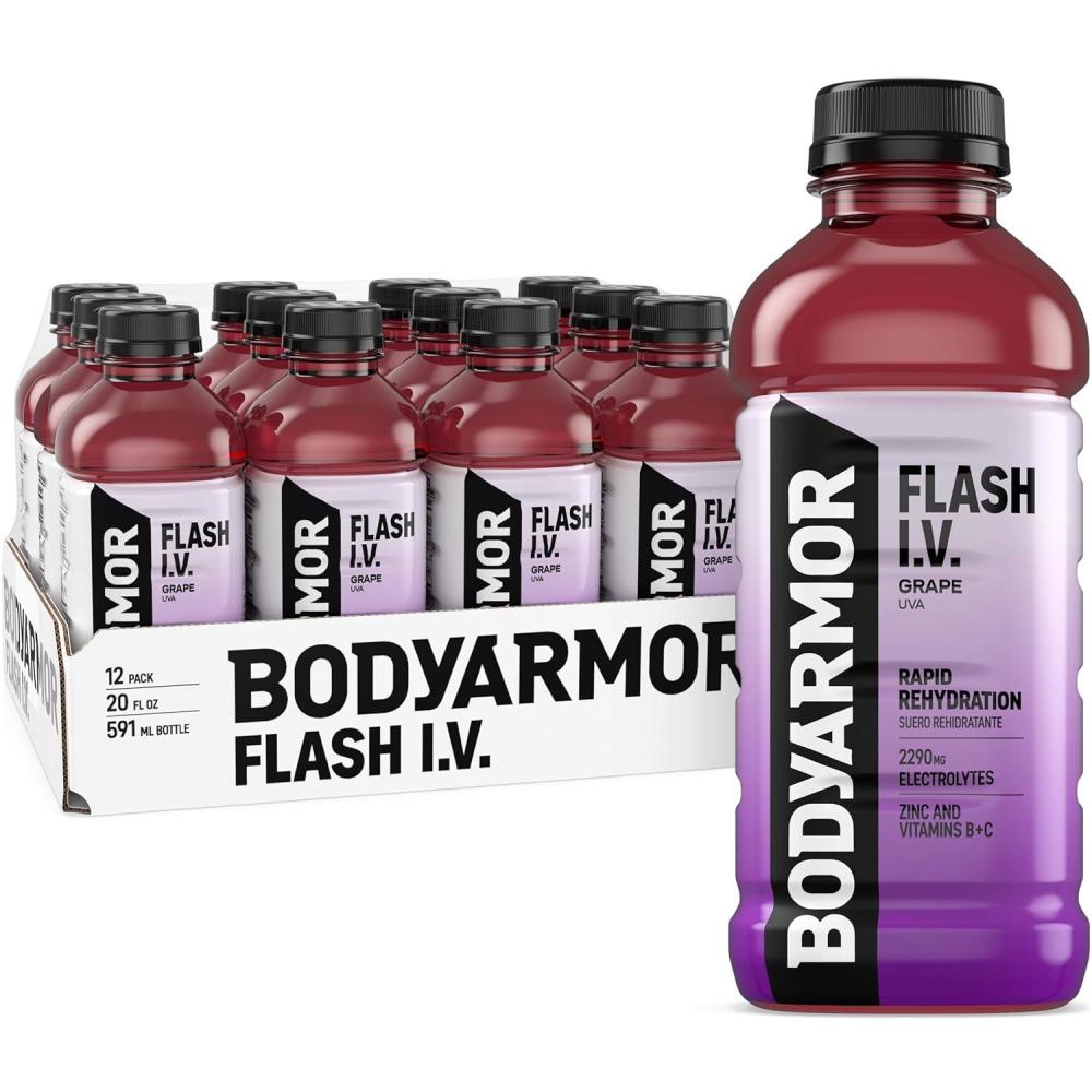 imageBODYARMOR Flash IV Electrolyte Beverage Grape Hydration Drink with Coconut Water For Rapid Rehydration Post Workout Recovery 20 Fl Oz Pack of 12