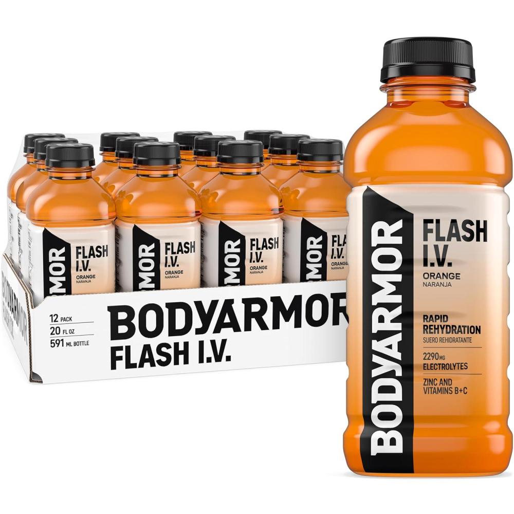 imageBODYARMOR Flash IV Electrolyte Beverage Orange Hydration Drink with Coconut Water For Rapid Rehydration Post Workout Recovery 20 Fl Oz Pack of 12