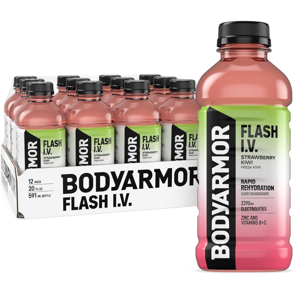 imageBODYARMOR Flash IV Electrolyte Beverage Strawberry Kiwi Hydration Drink with Coconut Water For Rapid Rehydration Post Workout Recovery 20 Fl Oz Pack of 12