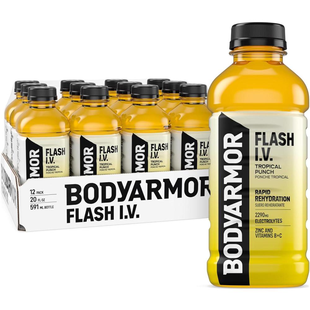 imageBODYARMOR Flash IV Electrolyte Beverage Tropical Punch Hydration Drink with Coconut Water For Rapid Rehydration Post Workout Recovery 20 Fl Oz Pack of 12