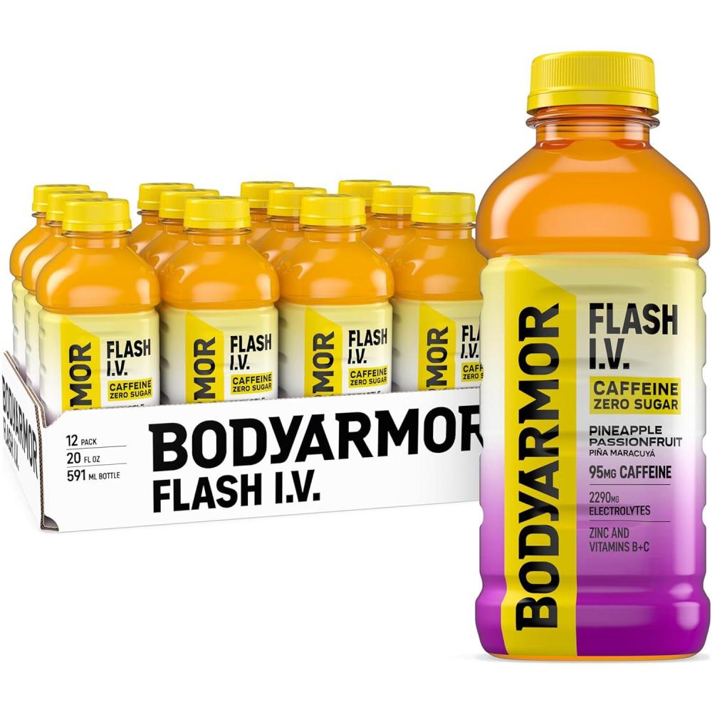 imageBODYARMOR Flash IV Zero Sugar Caffeine Pineapple Passionfruit Electrolyte Beverage Hydration Drink For Rapid Rehydration Post Workout Recovery 20 Fl Oz Pack of 12Zero Sugar Caffeinated Pineapple Passionfruit