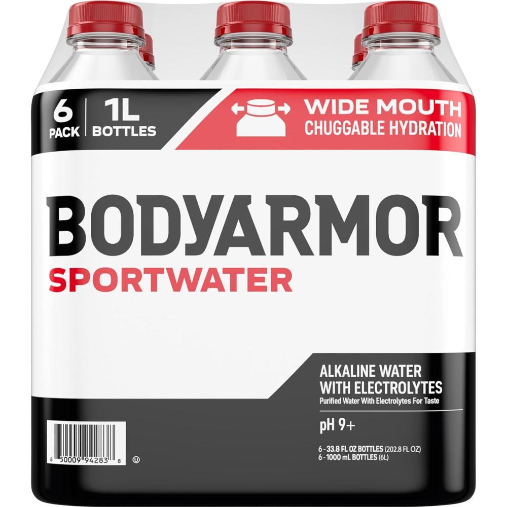imageBODYARMOR SportWater Alkaline Water High Alkaline Bottled Water pH 9 1 Liter 6 Pack Refreshing Electrolyte Water Pack Wide Mouth BottleAlkaline Bottle