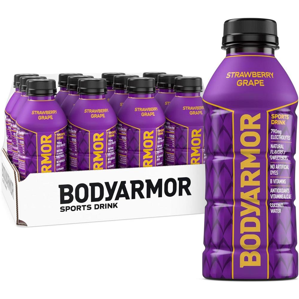 imageBODYARMOR Sports Drink Strawberry Grape Electrolyte Drink Hydration 16 Fl Oz Bottles 12 Pack Flavored Coconut Water with B Vitamins amp Antioxidants
