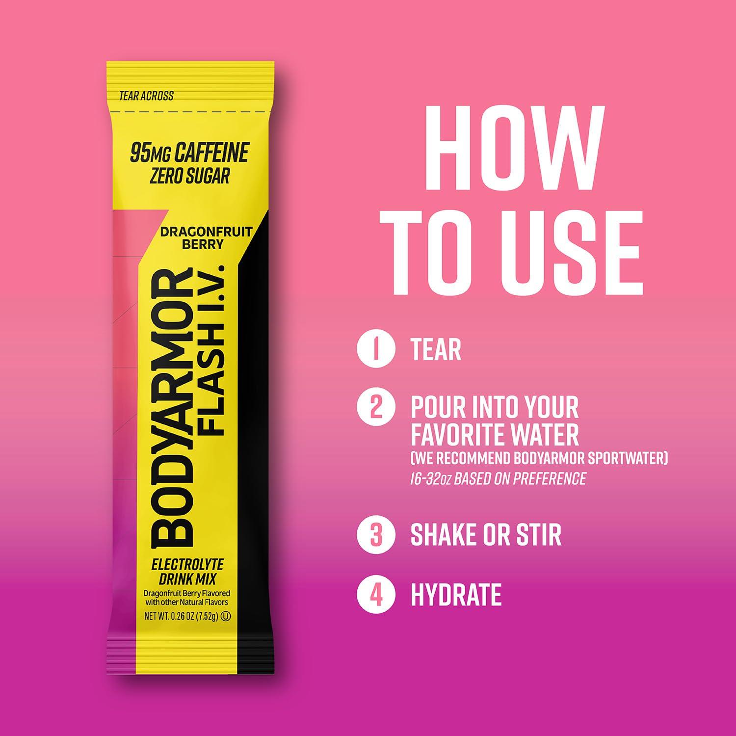 imageBODYARMOR Caffeinated Flash IV Electrolyte Packets Dragonfruit Berry Zero Sugar Energy Drink Mix Single Serve Packs Hydration for Pre Workout Travel Essentials Active Lifestyle 6 Count