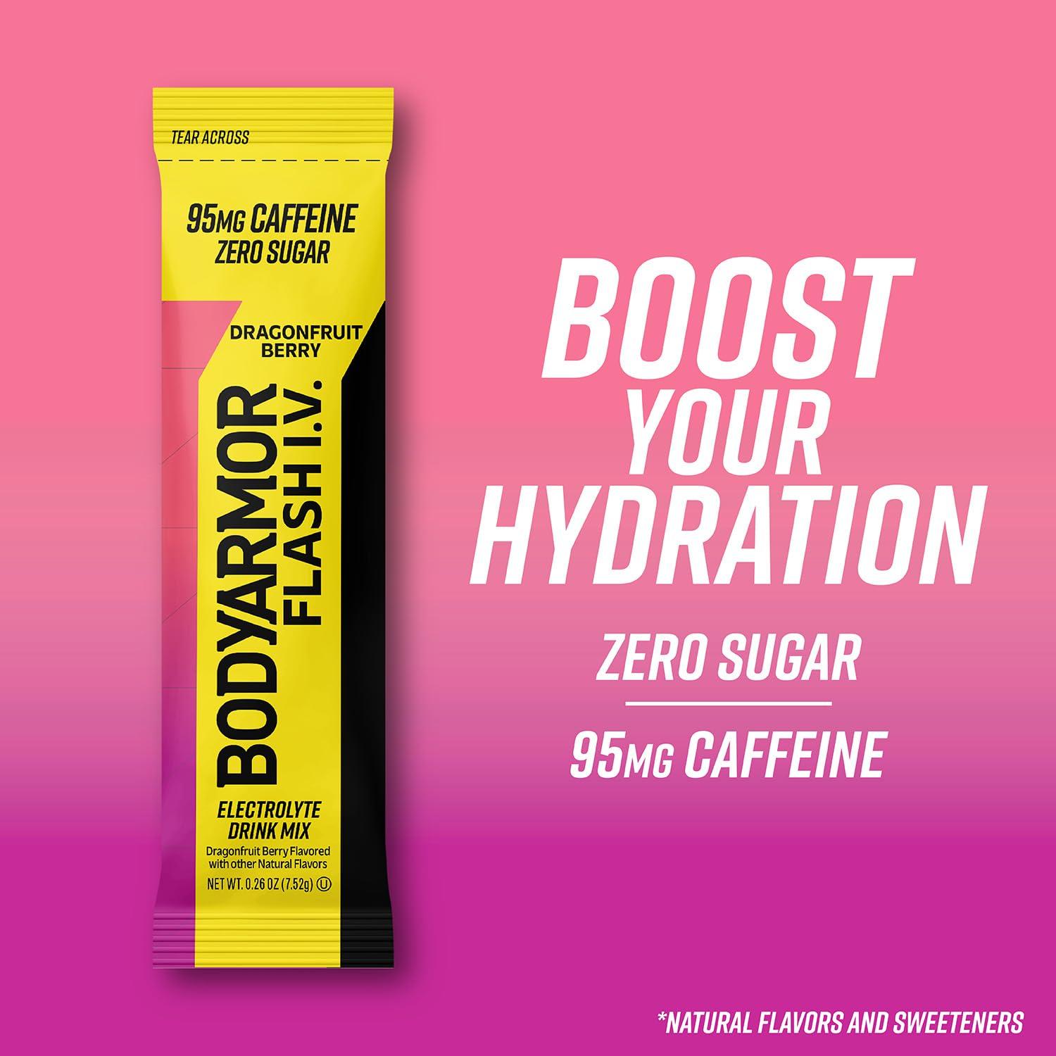 imageBODYARMOR Caffeinated Flash IV Electrolyte Packets Dragonfruit Berry Zero Sugar Energy Drink Mix Single Serve Packs Hydration for Pre Workout Travel Essentials Active Lifestyle 6 Count