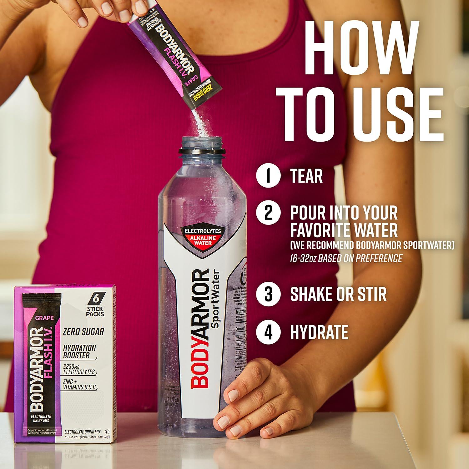 imageBODYARMOR Flash IV Electrolyte Packets Grape Zero Sugar Drink Mix Single Serve Packs Coconut Water Powder 6 Count