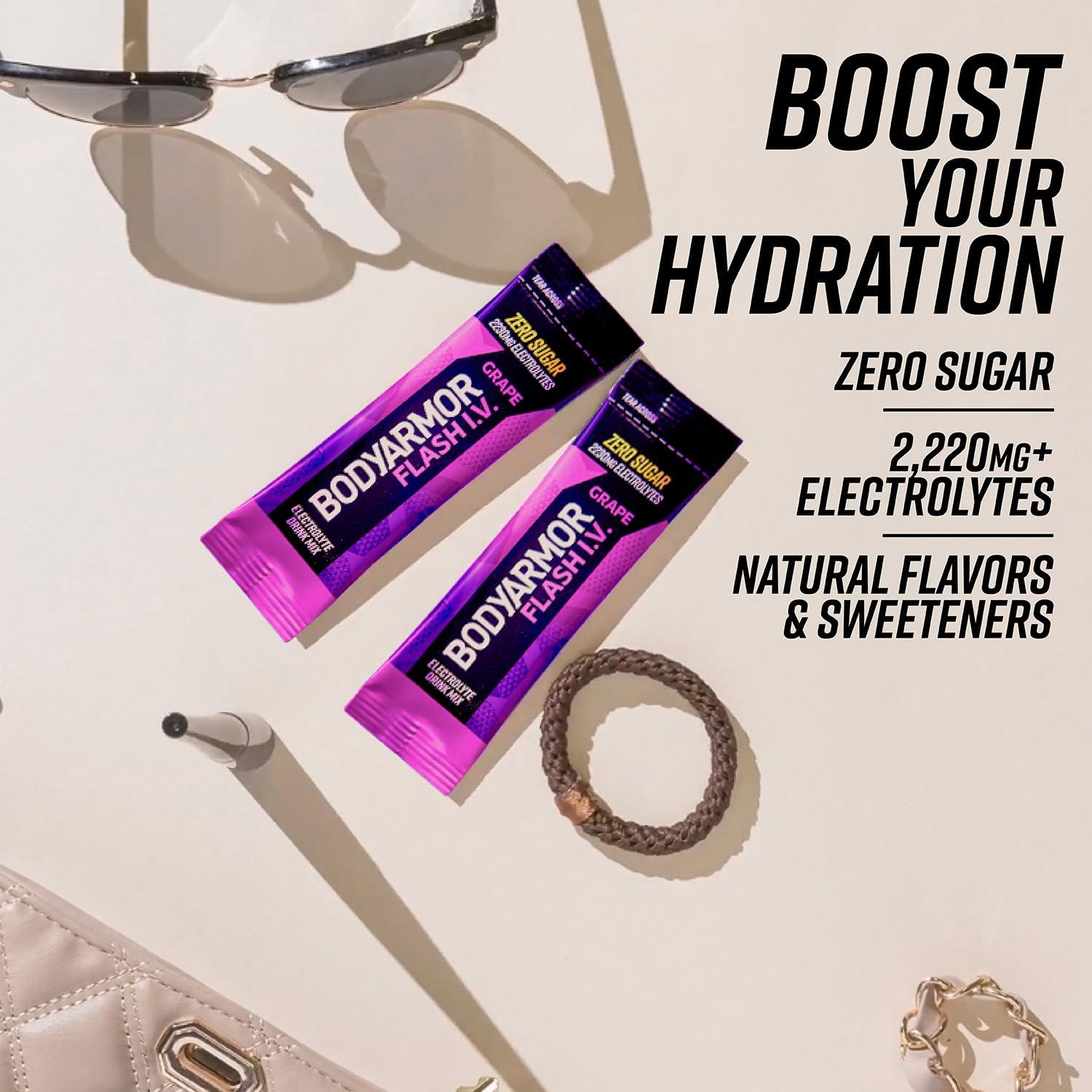 imageBODYARMOR Flash IV Electrolyte Packets Grape Zero Sugar Drink Mix Single Serve Packs Coconut Water Powder 6 Count