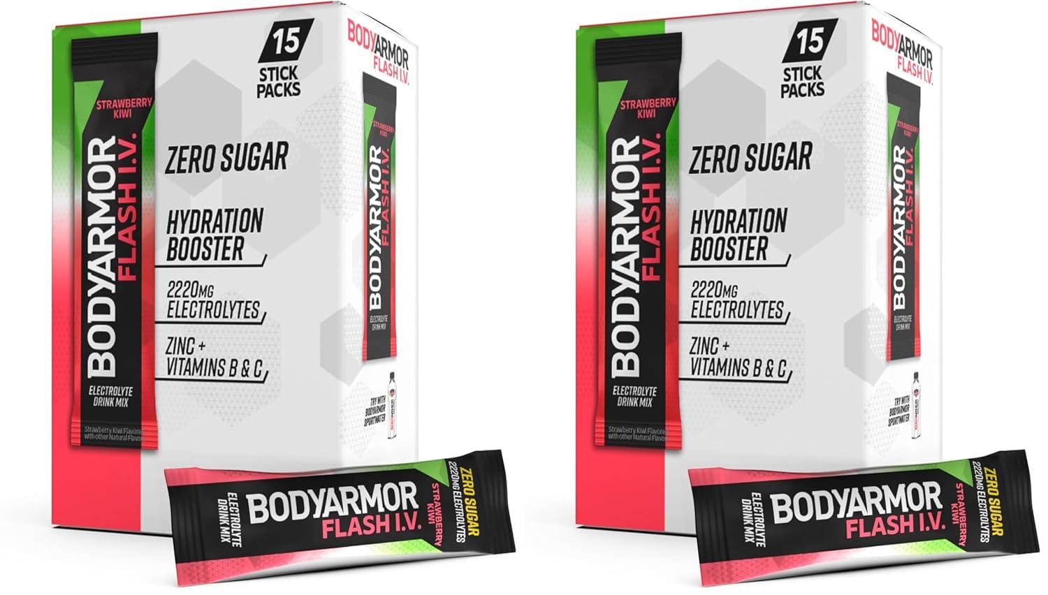 imageBODYARMOR Flash IV Electrolyte Packets Lemon Lime Zero Sugar Drink Mix Single Serve Packs Coconut Water Powder 15 CountStrawberry Kiwi