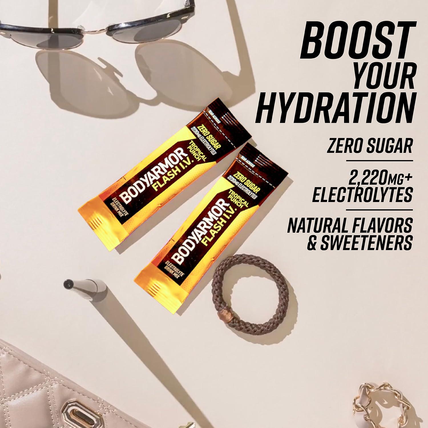 imageBODYARMOR Flash IV Electrolyte Packets Lemon Lime Zero Sugar Drink Mix Single Serve Packs Coconut Water Powder 15 CountTropical Punch