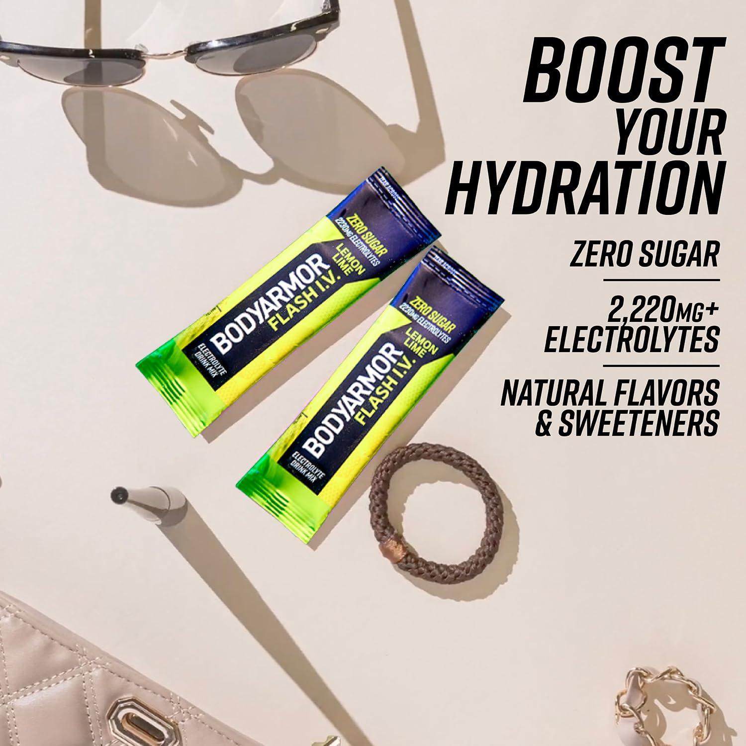 imageBODYARMOR Flash IV Electrolyte Packets Lemon Lime Zero Sugar Drink Mix Single Serve Packs Coconut Water Powder 6 Count