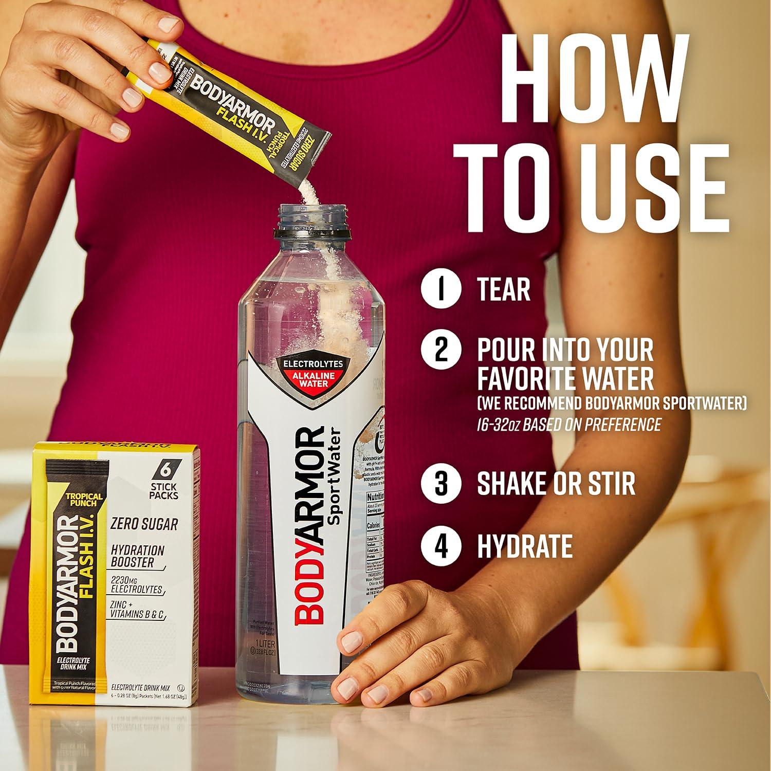 imageBODYARMOR Flash IV Electrolyte Packets Tropical Punch Zero Sugar Drink Mix Single Serve Packs Coconut Water Powder 6 Count