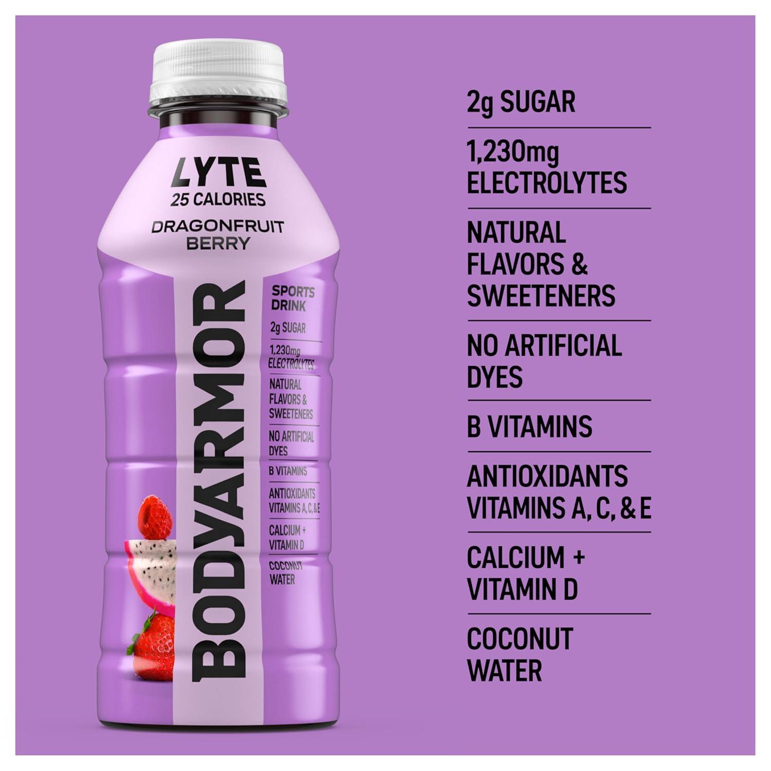 imageBODYARMOR LYTE Sports Drink LowCalorie Sports Beverage Dragonfruit Berry Coconut Water Hydration Natural Flavors With Vitamins PotassiumPacked Electrolytes 20 Fl Oz Pack of 6