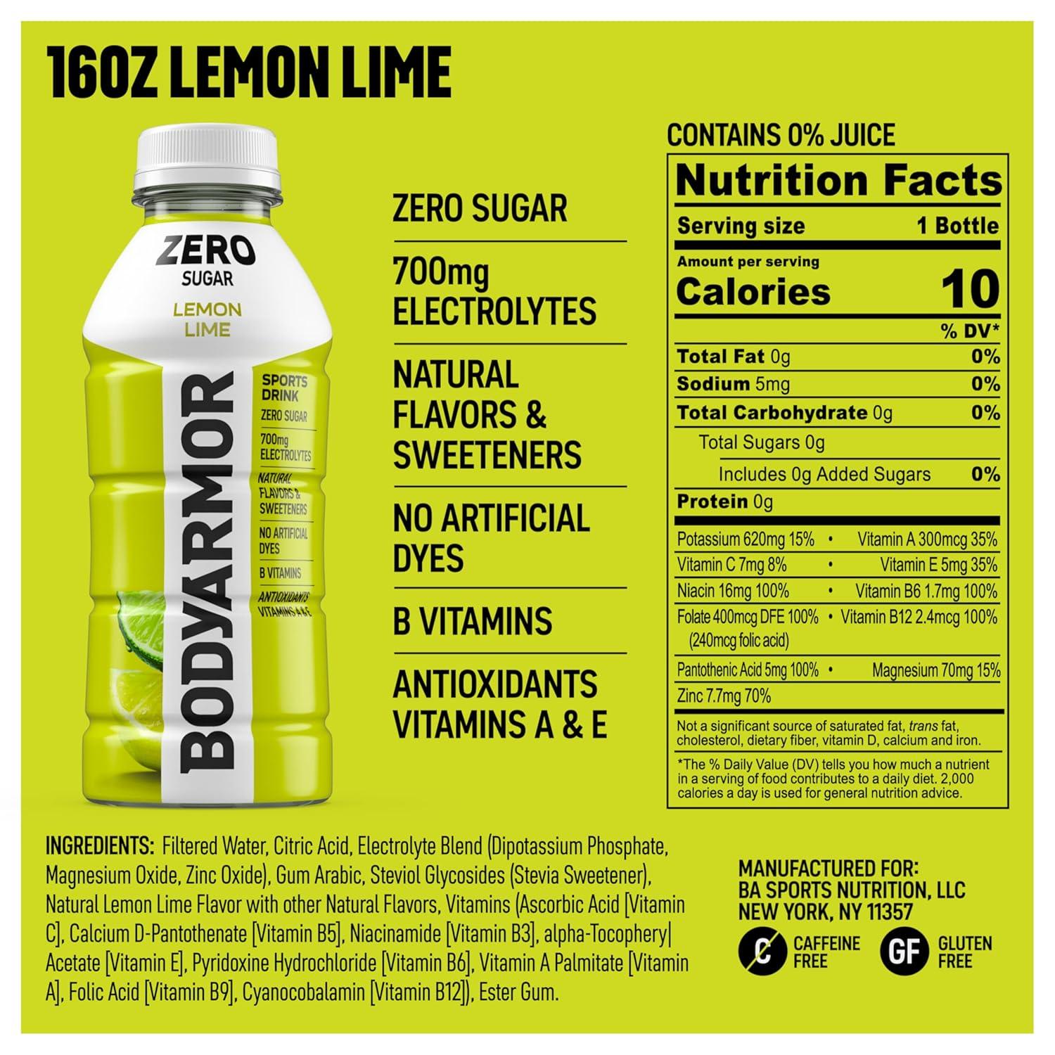 imageBODYARMOR ZERO Sugar Lemon Lime Electrolyte Drink Natural Flavors 16 Fl Oz Bottles 12 Pack B Vitamins amp Antioxidants Sugar Free Hydration
