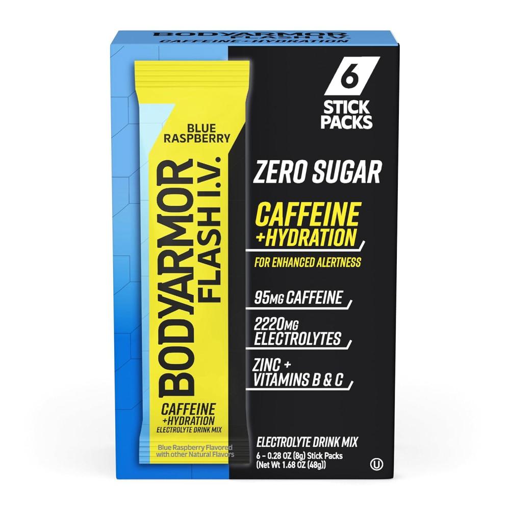 imageBODYARMOR Caffeinated Flash IV Electrolyte Packets Blue Raspberry Zero Sugar Energy Drink Mix Single Serve Packs Hydration for Pre Workout Travel Essentials Active Lifestyle 6 Count