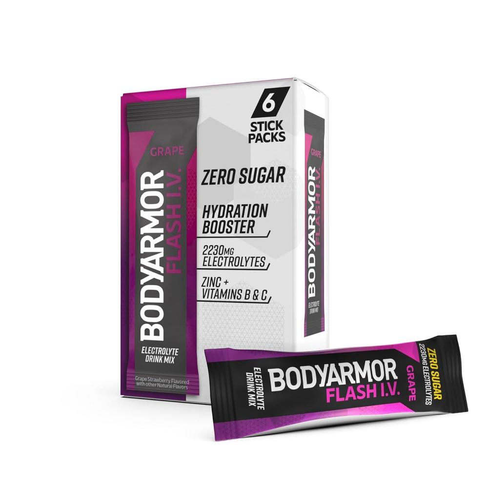 imageBODYARMOR Flash IV Electrolyte Packets Grape Zero Sugar Drink Mix Single Serve Packs Coconut Water Powder 6 Count